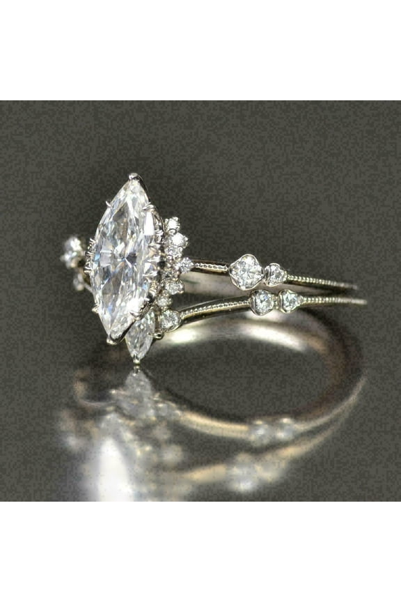 Marquise Cut Cubic Zirconia Women's Cocktail Bridal Wedding Ring Set 14K White Gold Plated