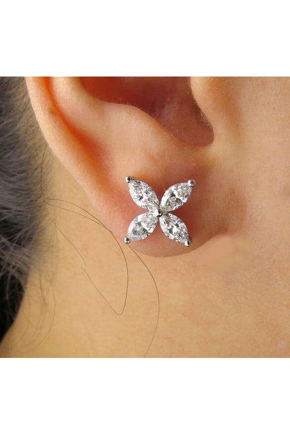 Marquise Cut Lab-Created Moissanite Floral Design Stud Earrings 14k White Gold Plated