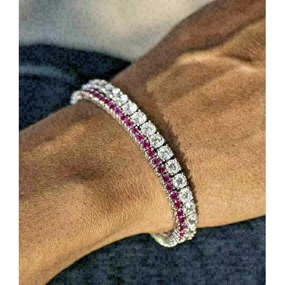 Sparkle Jewels Men's Cluster Two Row Bracelet 14K White Gold Plated Round Cut Red Ruby & Diamond