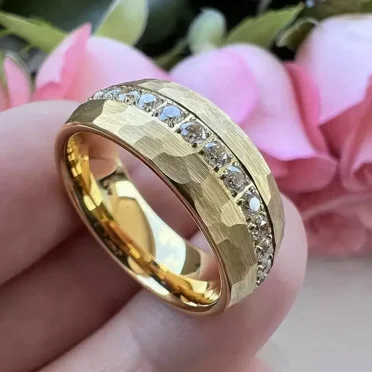 Sparkle Jewels Men's Cubic Zirconia Hammered Wedding Band Ring 14K Yellow Gold Plated