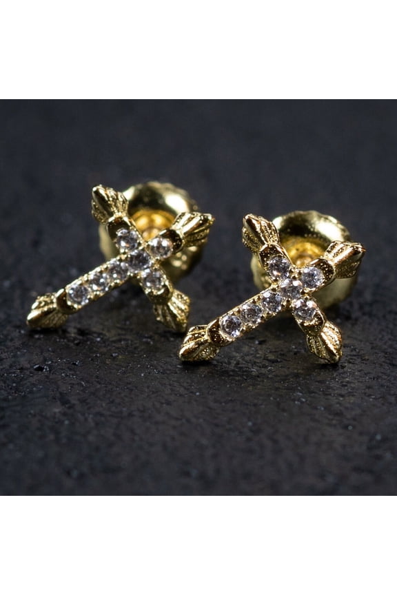 Men's Small Cross Stud Earrings 14k Yellow Gold Plated Silver in White Diamond