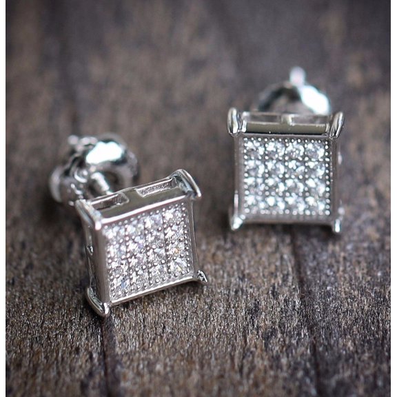 Sparkle Jewels Men's Tiny Square Screw Back Stud Earrings White Diamond 14k White Gold Plated