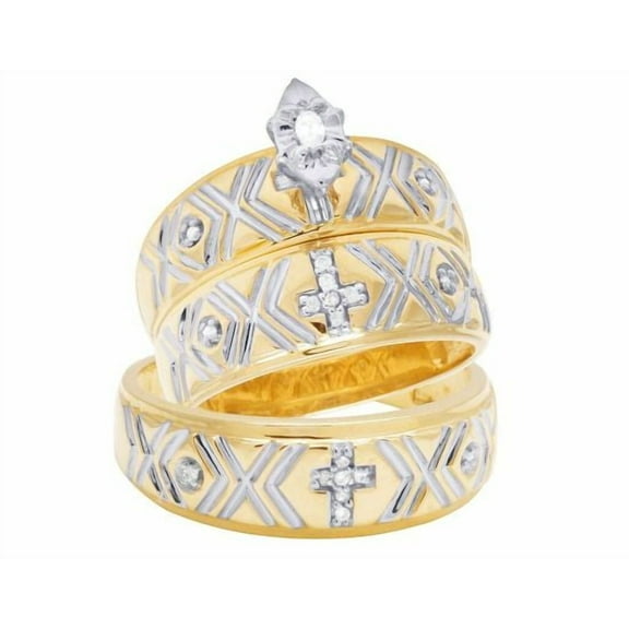 Sparkle Jewels Men's & Women's Two-Tone Gold Finish Religious Cross Wedding Ring Set Matching Bands with CZ Accents