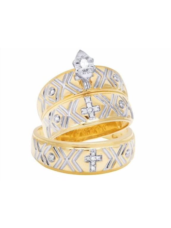 Men's & Women's Two-Tone Gold Finish Religious Cross Wedding Ring Set Matching Bands with CZ Accents