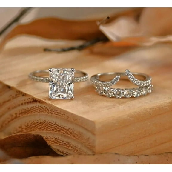 Sparkle Jewels Moissanite 4Ct Radiant D/VVS1 Trio Set Engagement Ring 14k White Gold Plated