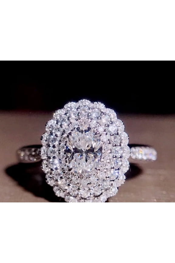 Oval Cut Cluster Floral Cocktail Women's Engagement Ring 14K White Gold Plated