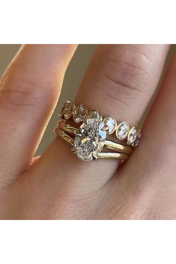 Oval Cut Cubic Zirconia Women's Three Rings Bridal Wedding Set 14K Yellow Gold Finish