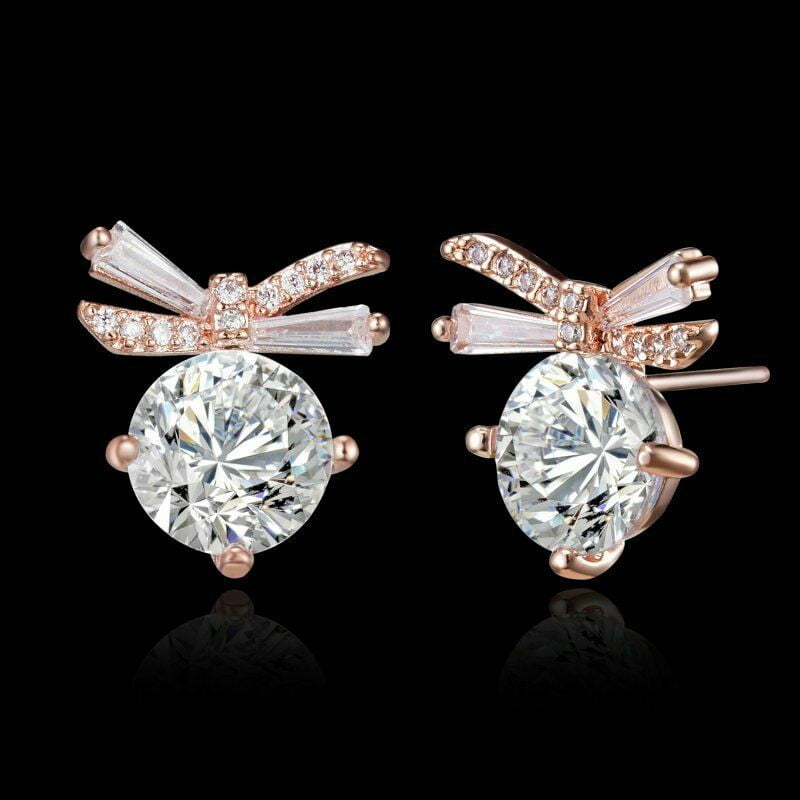 Sparkle Jewels Pretty New 14k Rose Gold Plated Crystal Bow Clear CZ Stud Earrings for Women
