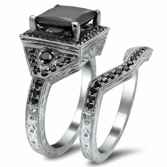 Sparkle Jewels Princess Black CZ Stylish Bridal Set Ring Band White Gold Plated