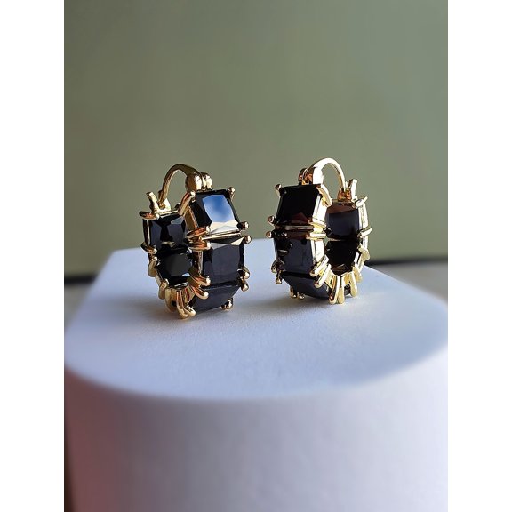 Sparkle Jewels Princess Cut Black Cubic Zirconia Five Stone Inside Out Hoop Earrings 14K Yellow Gold Finish