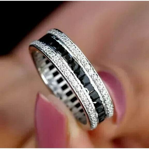 Sparkle Jewels Princess Cut Black Diamond Eternity Band Ring For Women 14K White Gold Plated