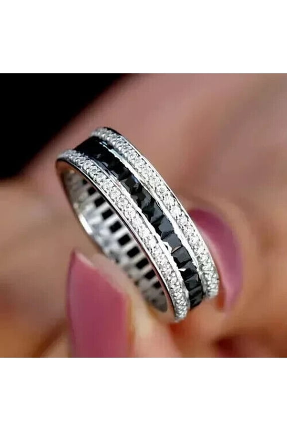 Princess Cut Black Diamond Eternity Band Ring For Women 14K White Gold Plated