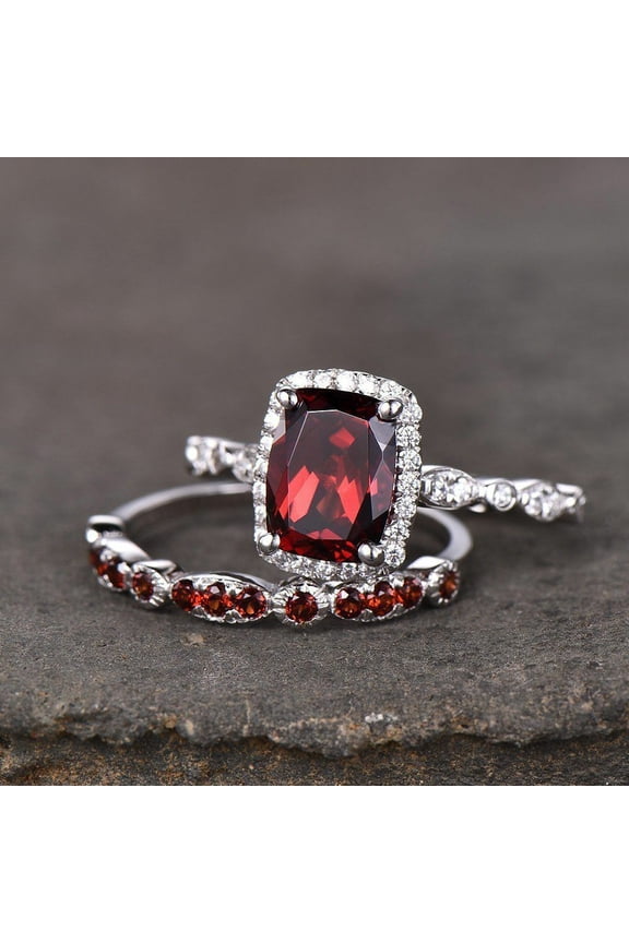 Red Garnet & Halo Diamond Bridal Set Engagement Ring 14k White Gold Plated