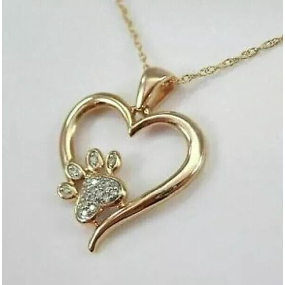 Sparkle Jewels Round Cubic Zirconia Animal Paw Print Heart Pendant Necklace 14K Yellow Gold Plated