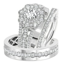 Sparkle Jewels Round Cubic Zirconia Art Deco His & Her Trio Wedding Ring Set 14K White Gold Plated