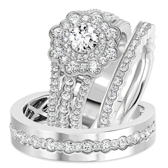 Sparkle Jewels Round Cubic Zirconia Art Deco His & Her Trio Wedding Ring Set 14K White Gold Plated