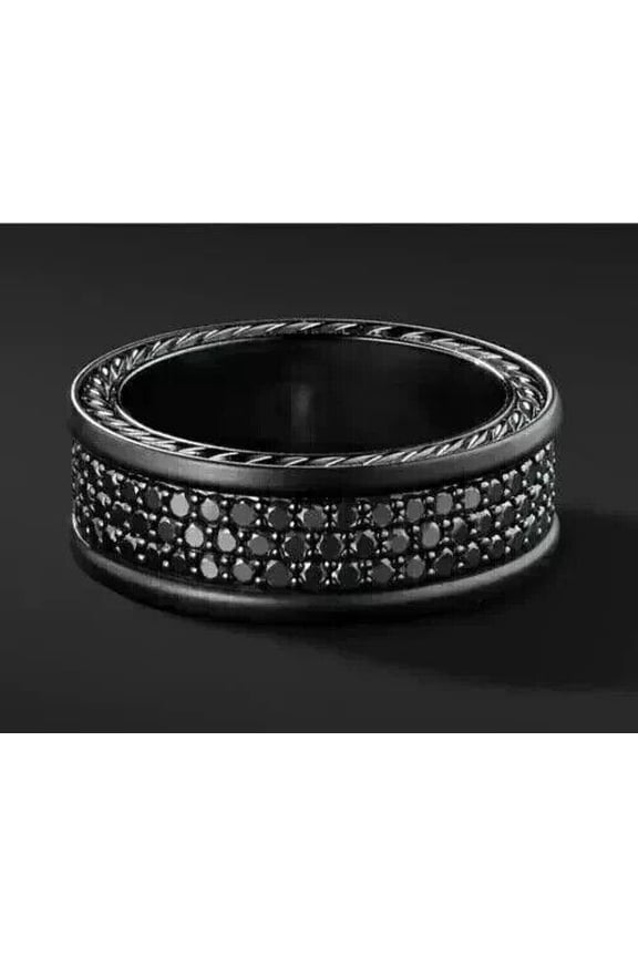 Round Cubic Zirconia Black Cubic Zirconia Men's Eternity Wedding Band Ring 14K Black Gold Finish Silver