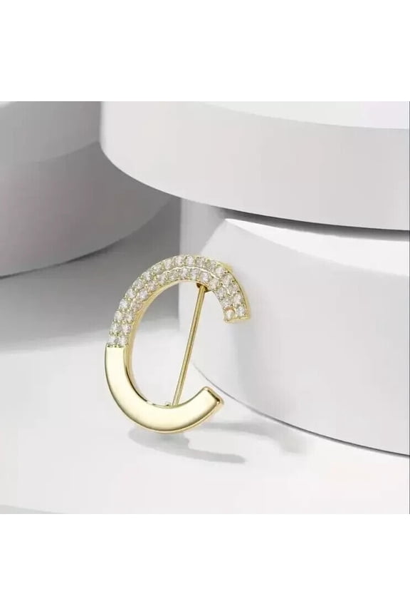 Round Cubic Zirconia "C" Brooch Pin 14K Yellow Gold Finish Silver