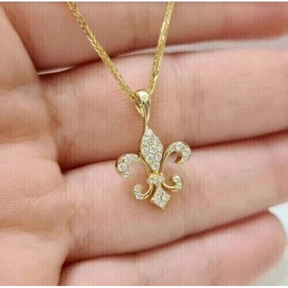 Sparkle Jewels Round Cubic Zirconia Fleur-de-lis Pendant Necklace For Women 14K Yellow Gold Finish