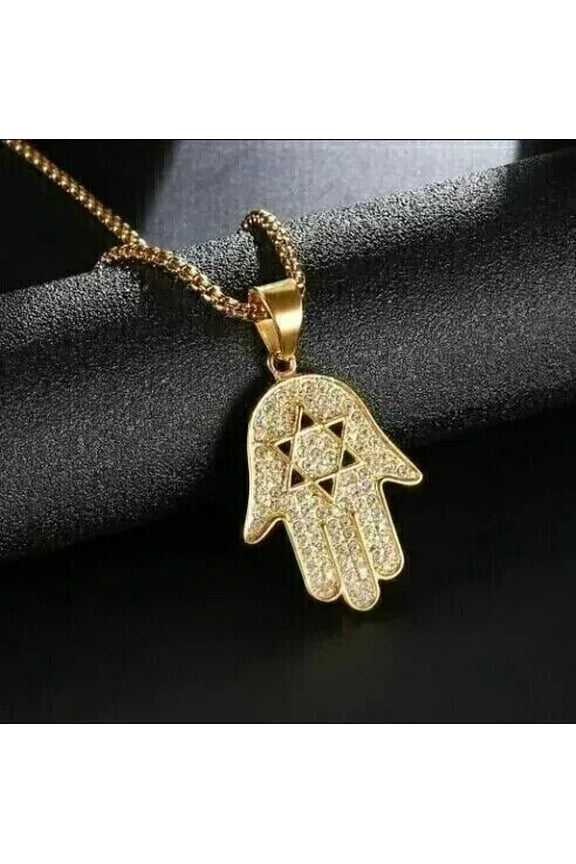 Round Cubic Zirconia Hamsa Hand Pendant Necklace 14K Yellow Gold Plated