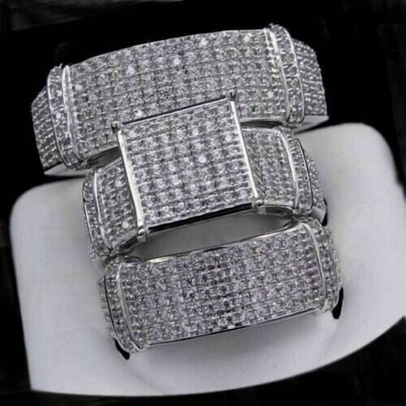 Sparkle Jewels Round Cubic Zirconia His & Her Square Couple Wedding Engagement Trio Ring Set 14K White Gold Finish