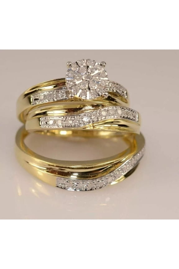 Round Cubic Zirconia His & Her Trio Wedding Ring Set 14K White Gold Plated