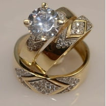 Sparkle Jewels Round Cubic Zirconia His & Her Trio Wedding Ring Set 14K Yellow Gold Finish