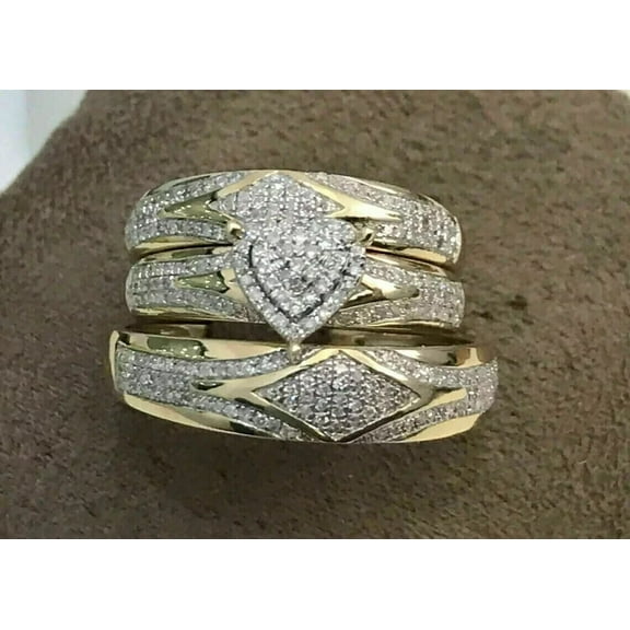 Sparkle Jewels Round Cubic Zirconia His & Her Trio Wedding Ring Set 14K Yellow Gold Plated