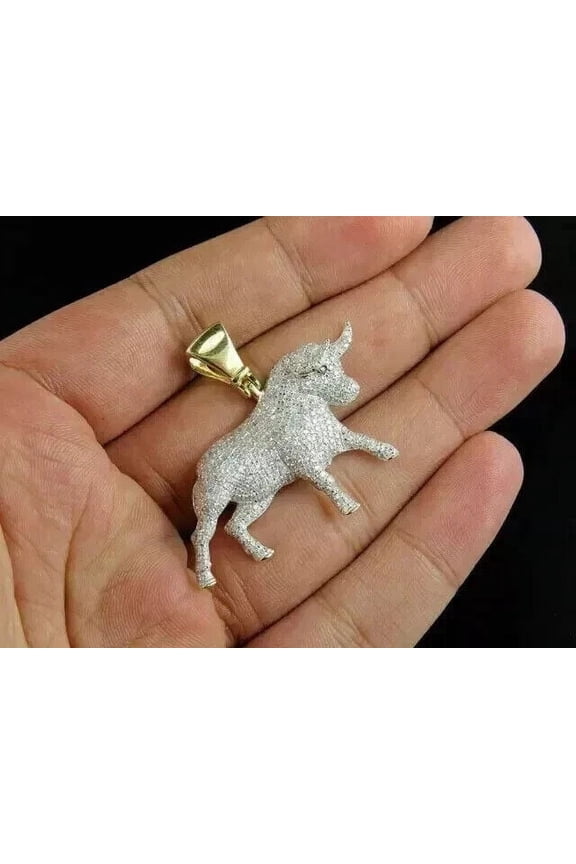 Round Cubic Zirconia Horoscope Taurus Bull Pendant Charm 14K Yellow Gold Finish Silver