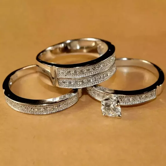 Sparkle Jewels Round Cubic Zirconia Men & Women Couple Wedding Trio Ring Set 14K White Gold Finish
