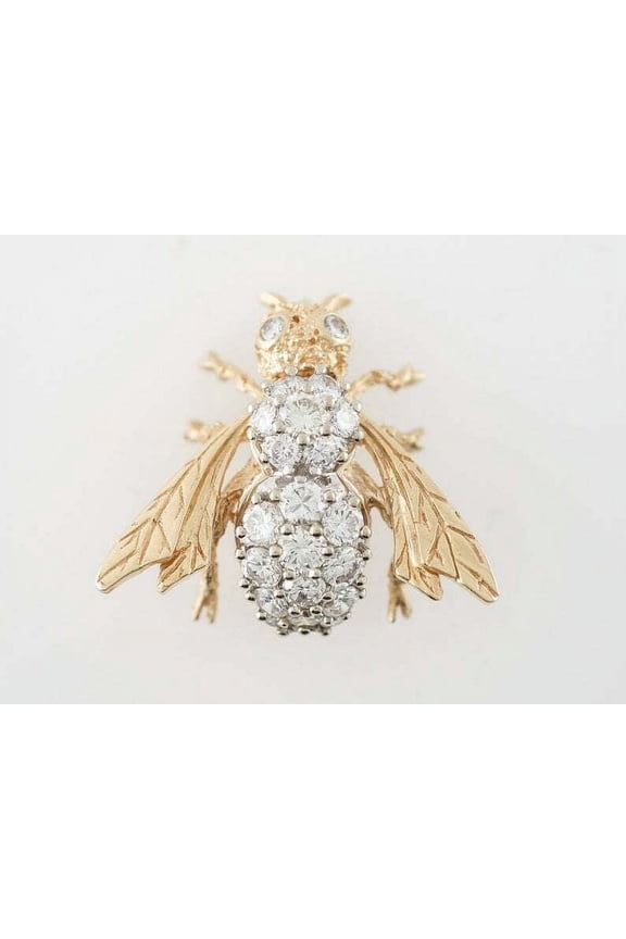 Round Cubic Zirconia Small Designer Bee Brooch Pin 14K Yellow Gold Finish