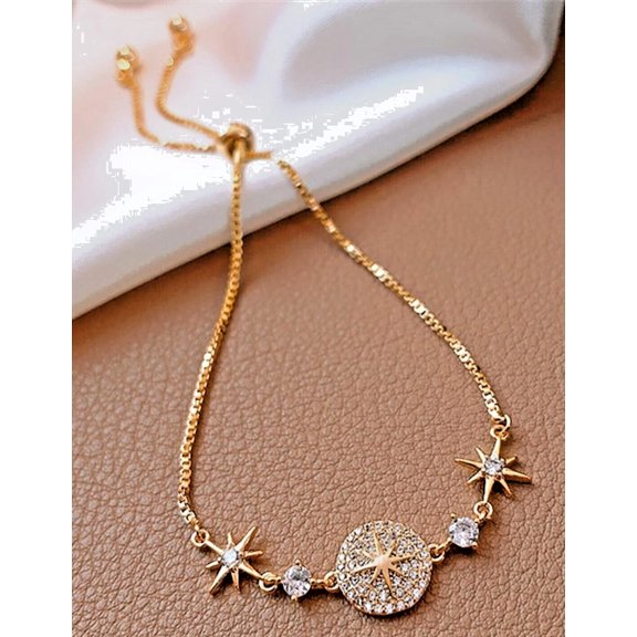 Sparkle Jewels Round Cubic Zirconia Star Adjustable Bolo Bracelet For Women 14K Yellow Gold Finish Silver