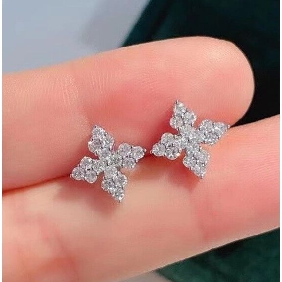 Sparkle Jewels Round Cubic Zirconia Women's Flower Stud Earrings 14K White Gold Finish Silver