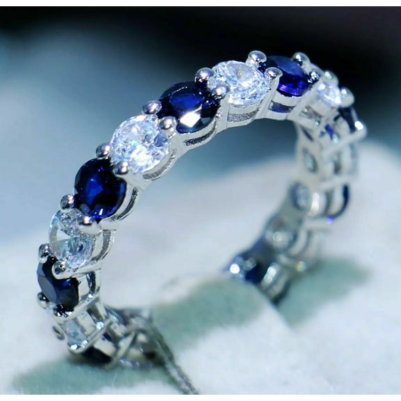 Sparkle Jewels Round Cut Blue Sapphire 925 Sterling Silver Wedding Eternity Band Ring