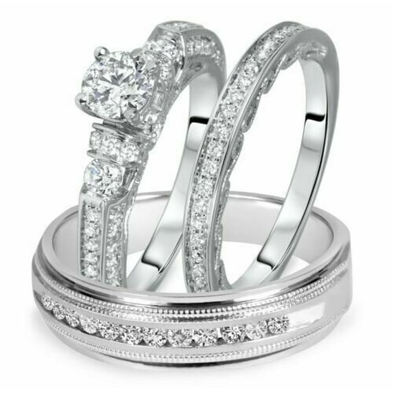 Sparkle Jewels Round Cut CZ Wedding Ring Band Trio Set 14k White Gold Finish