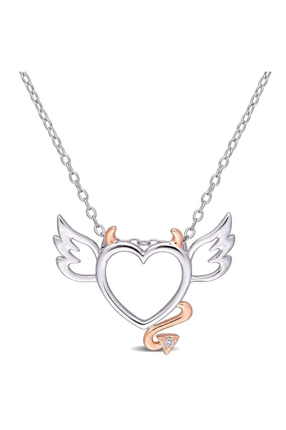 Round Cut Cubic Zirconia Angel Devil Heart Pendant Necklace 14K White-Rose Gold Finish