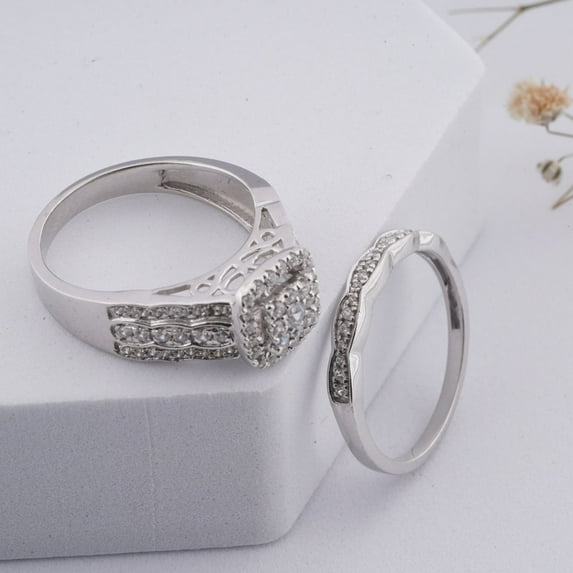 Sparkle Jewels Round Cut Cubic Zirconia Engagement Wedding Bridal Ring Set 14K White Gold Finish