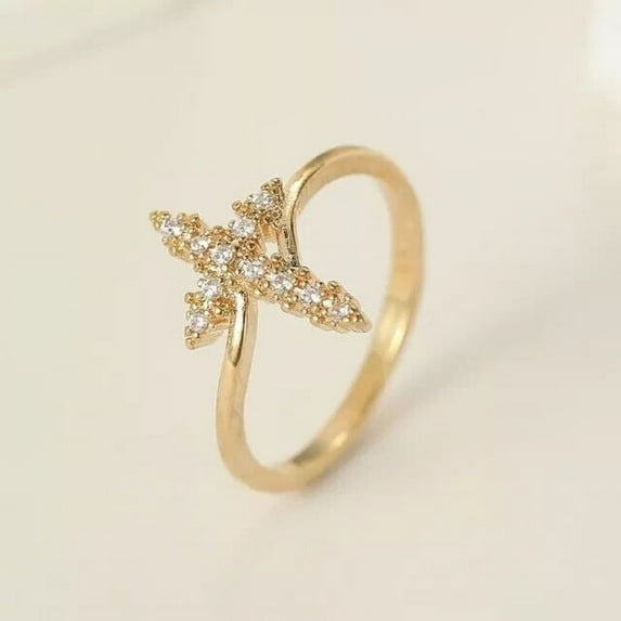 Sparkle Jewels Round Cut Cubic Zirconia Gorgeous Cross Ring For Woen 14K Yellow Gold Finish