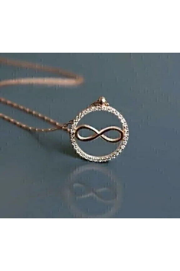 Round Cut Cubic Zirconia Infinity Circle Pendant W/ Chain 14k Rose Gold Plated
