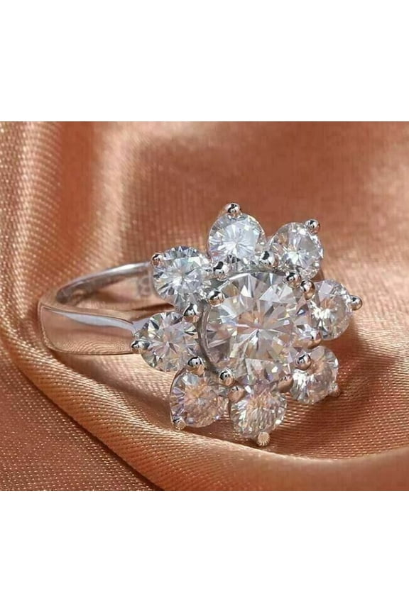 Round Cut Diamond Floral Engagement Ring in 14k White Gold Plated For Women