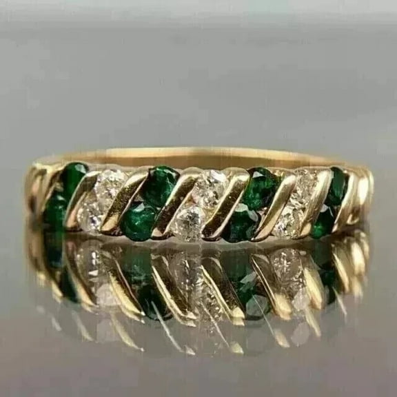 Sparkle Jewels Round Green Cubic Zirconia Eternity Band Ring 14K Yellow Gold Finish