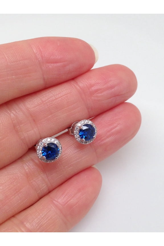 Round Navy Blue CZ Halo Stud Earrings Sterling Silver 925 Tiny Studs Women 7mm