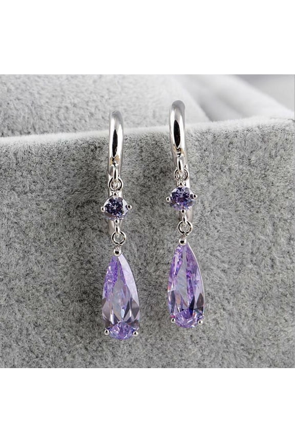 Teardrop Genuine Purple Amethyst Gemstone Silver Women Dangle Hook Earrings