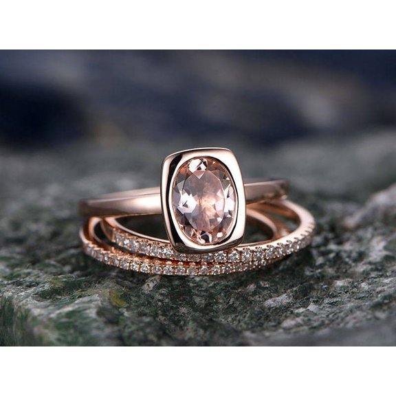 Sparkle Jewels Trio Bridal Set Ring 2Ct Oval Cut Peach CZ 14k Rose Gold Plated