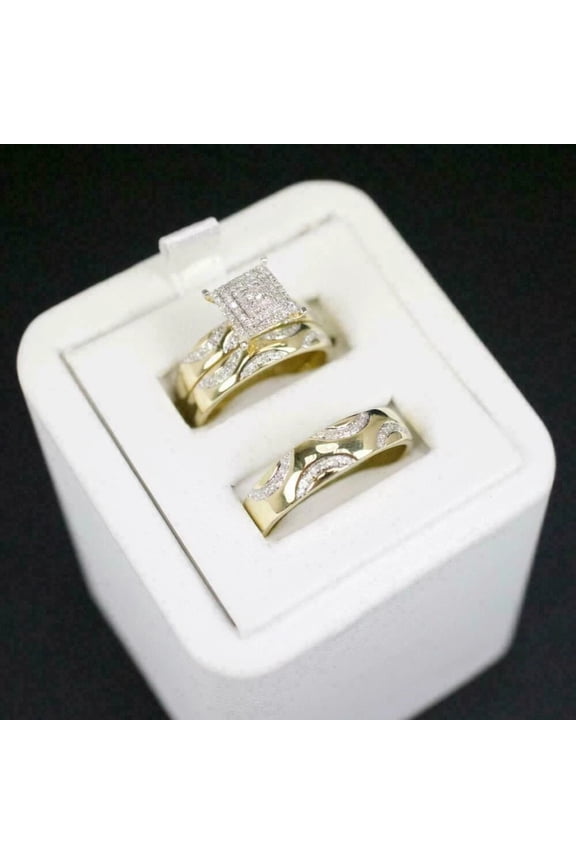 Trio His Her 2CT CZ Wedding Ring Set 14K Yellow Gold Finish