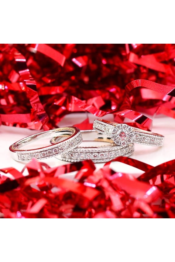 Trio Ring Set 14K Two Tone Gold Finish Engagement & Wedding Band Set for Couples