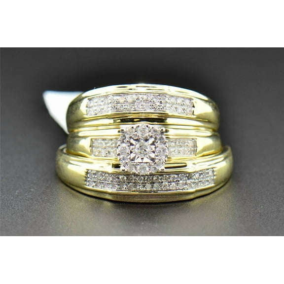 Sparkle Jewels Trio Set His Hers Matching Engagement Ring Wedding Band 14K Yellow Gold Finish