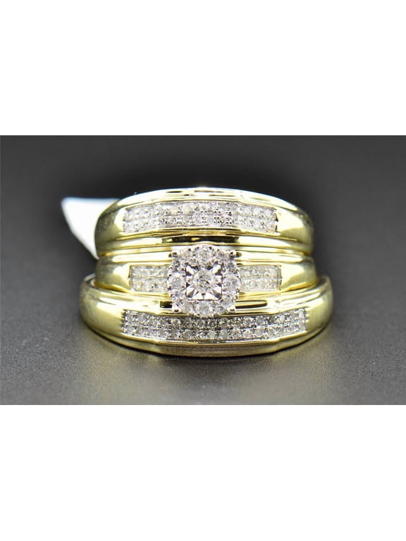 Trio Set His Hers Matching Engagement Ring Wedding Band 14K Yellow Gold Finish