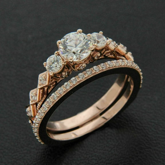 Sparkle Jewels White Cubic Zirconia Round Cut Bridal Wedding Ring Set for Women 14K Rose Gold Plated