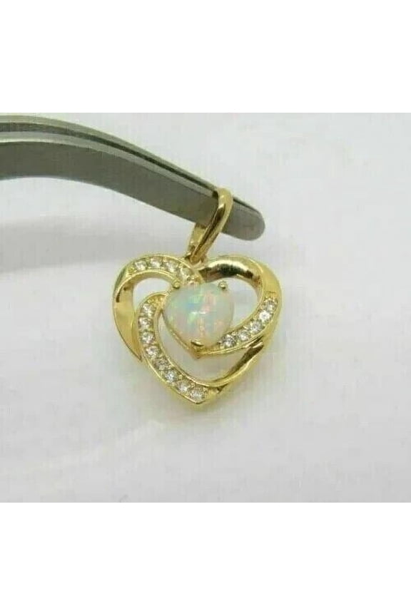 White Fire Opal Heart Cut Women's Pendant 14K Yellow Gold plated Free Chain